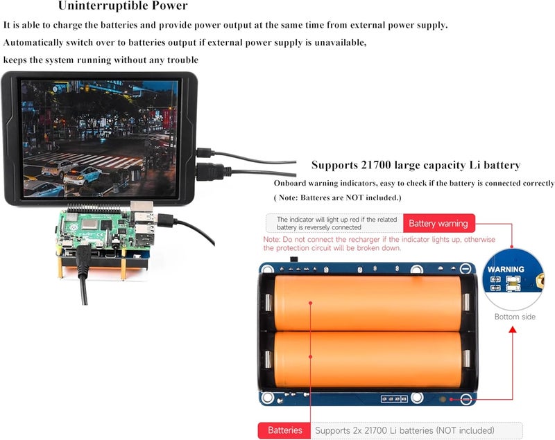 UBEEKOO UPS HAT (D) لجهاز Raspberry Pi، مزود طاقة غير منقطع 5V، يدعم بطارية 21700 (غير مدرجة)، تصميم موصل دبابيس بوجو متوافق مع Raspberry Pi 4B/3B+/3B، إلخ. - Image 3